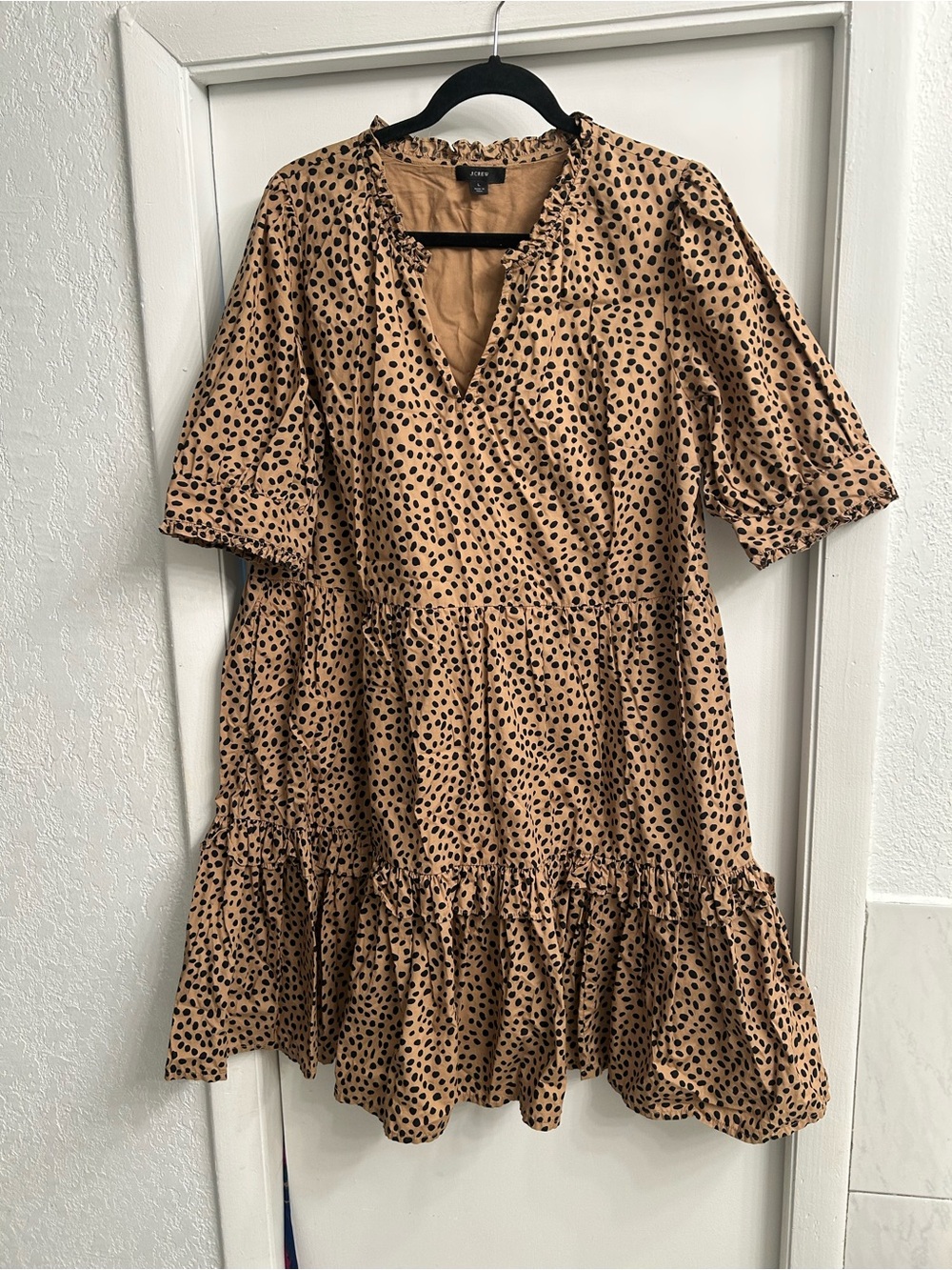 J. Crew Tan with Black Polka Dot Tiered Midi Dress